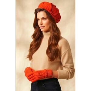 FOSSIL Orange Winter Knit Pom-Pom Hat & Gloves Matching Cold Weather Set